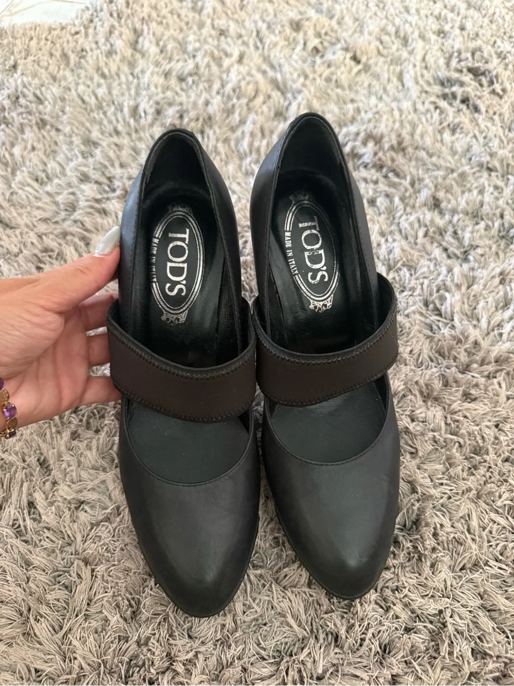 Tod's Black Leather Mary Jane Stiletto Pumps with Wide Elastic Straps
